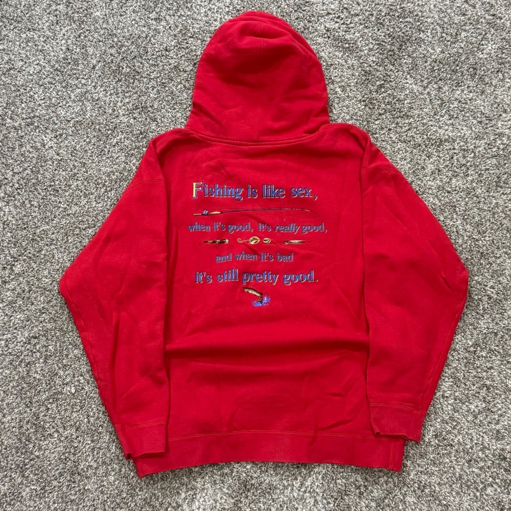 Vintage 90s Fishing Funny Sex Humor Hoodie Mens XXL Lake of the Woods Pullover
